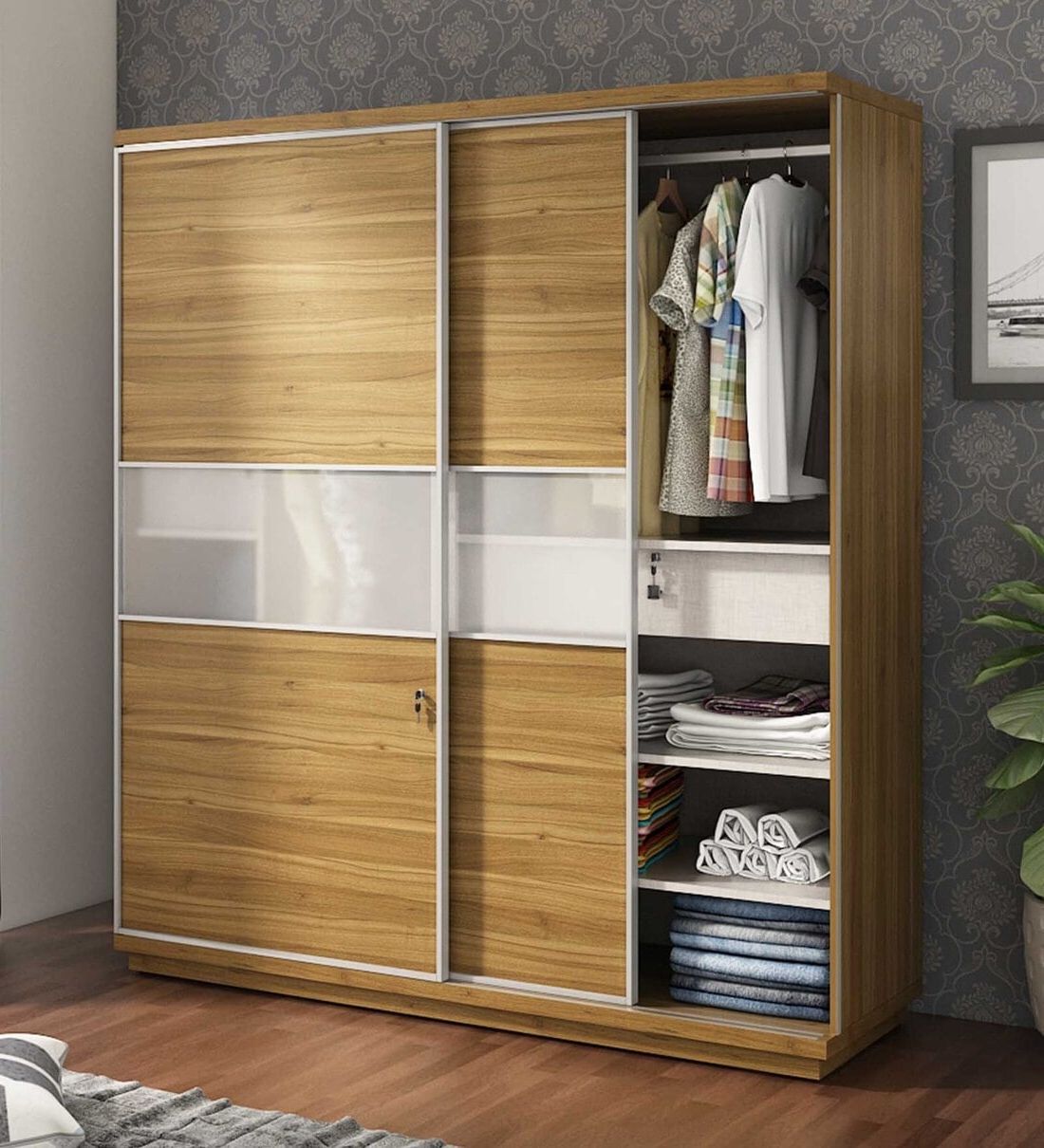 Buy Kosmo Universal Sliding Door Wardrobe In Natural Teak At 33% Off Spacewood | Pepperfry Pertaining To Wardrobes With 2 Sliding Doors (View 9 of 20)