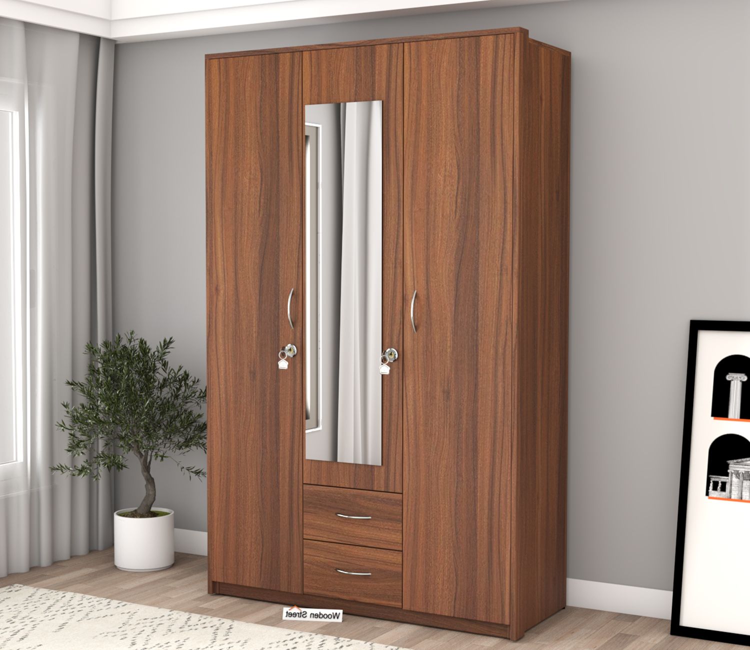 Buy Natalie 3 Door Wardrobe With Mirror (exotic Teak Finish) Online In  India At Best Price – Modern Wardrobes – Bedroom Cabinets – Storage  Furniture – Furniture – Wooden Street Product With 3 Doors Wardrobes With Mirror (View 14 of 20)