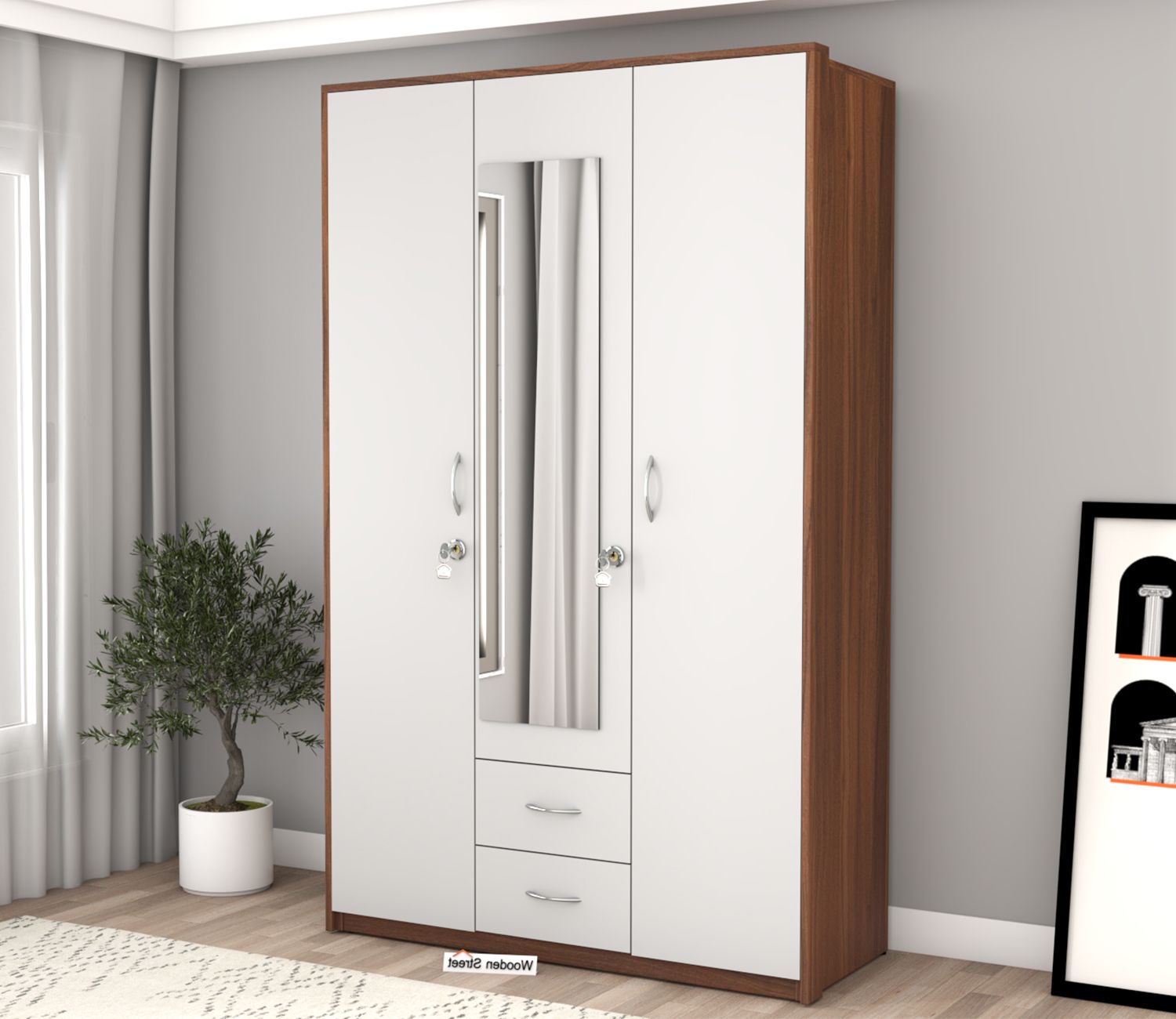Buy Natalie 3 Door Wardrobe With Mirror (exotic Teak Frosty White) Online  In India At Best Price – Modern Wardrobes – Bedroom Cabinets – Storage  Furniture – Furniture – Wooden Street Product For Wardrobes 3 Door With Mirror (Gallery 19 of 20)
