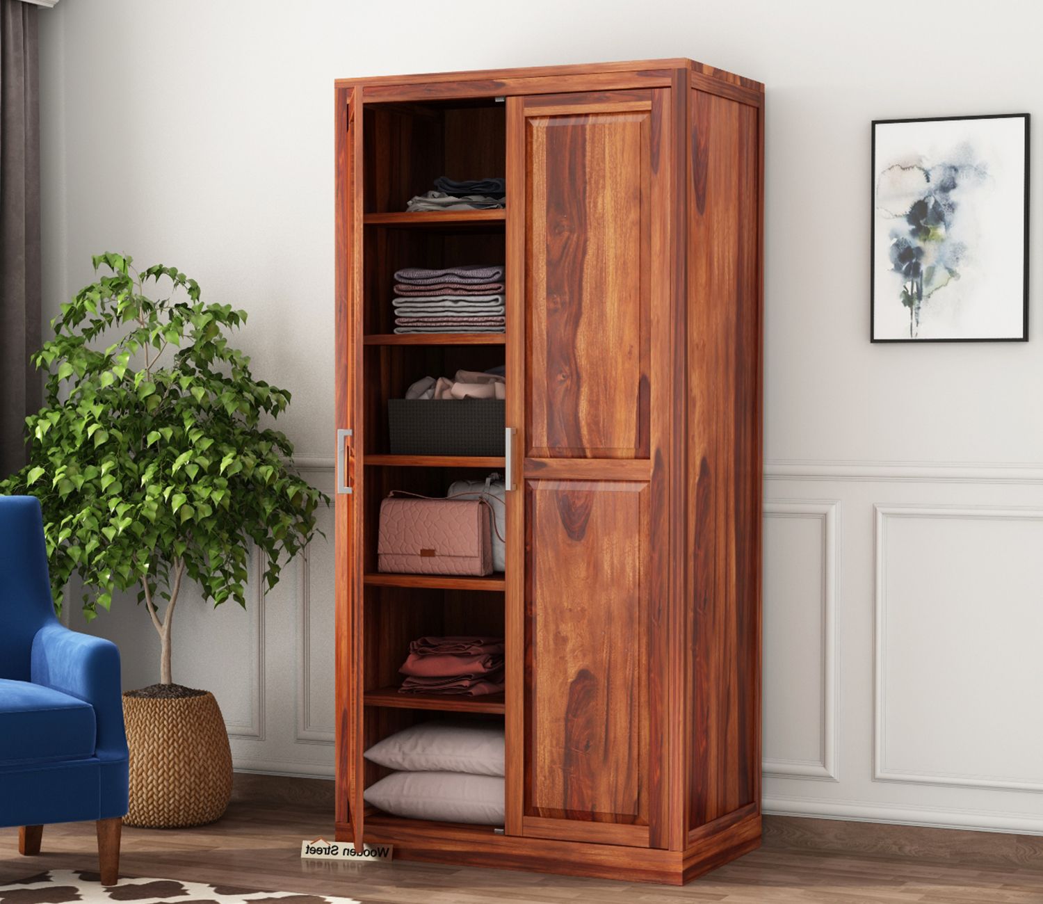 Buy Nixon Solid Wood 2 Door Cupboard (honey Finish) Online In India At Best  Price – Modern Wardrobes – Bedroom Cabinets – Storage Furniture – Furniture  – Wooden Street Product Throughout 2 Door Wardrobes With Drawers And Shelves (Gallery 8 of 20)