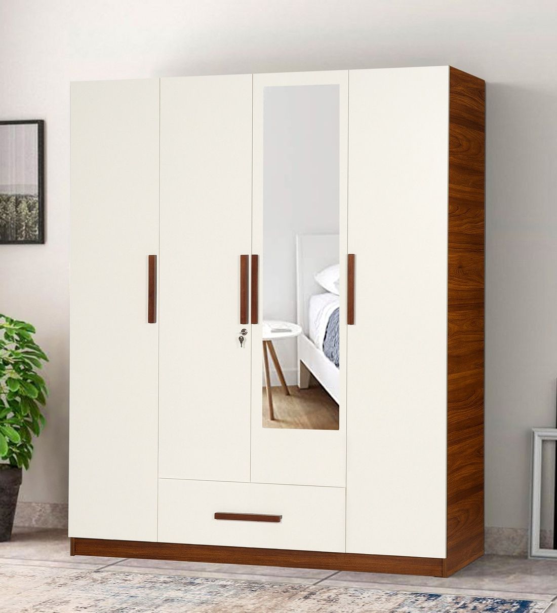 Buy Ozone 4 Door Wardrobe In White Finish With Mirror At 47% Offtrevi  Furniture | Pepperfry For 4 Door Wardrobes With Mirror And Drawers (View 10 of 20)
