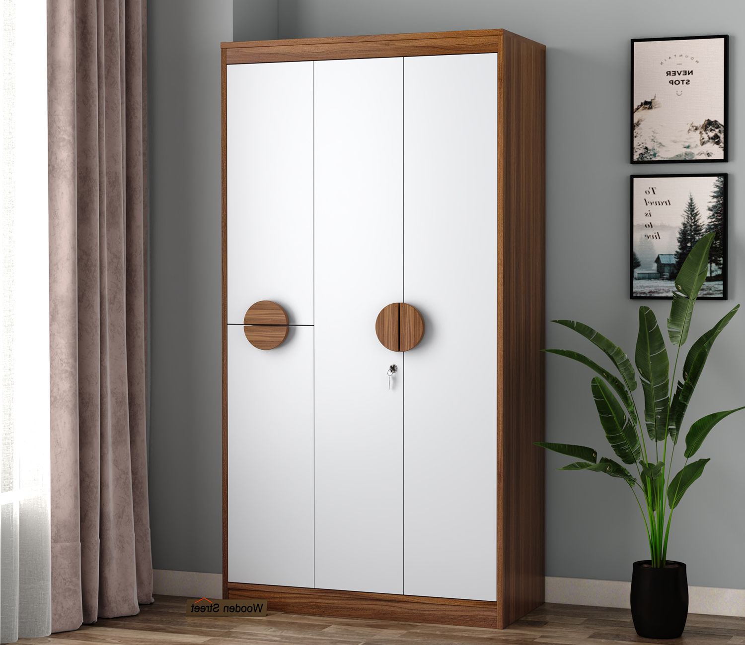 Buy Scarlet Engineered Wood 3 Door Cupboard (exotic Teak Frosty White)  Online In India At Best Price – Modern Wardrobes – Bedroom Cabinets – Storage  Furniture – Furniture – Wooden Street Product Pertaining To White 3 Door Wardrobes With Drawers (Gallery 13 of 20)