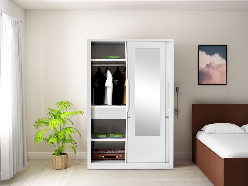 Buy Slide N Store Pro Plus 2 Door Wardrobe (mirror) In Bond White Colour At  Upto 60% Discount | Godrej Interio Throughout Single White Wardrobes With Mirror (Gallery 18 of 20)