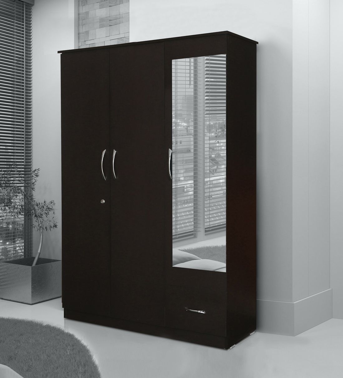 Buy Trois 3 Door Wardrobe In Wenge Finish With Mirror At 22% Off Fullstock | Pepperfry With 3 Door Black Wardrobes (View 18 of 20)