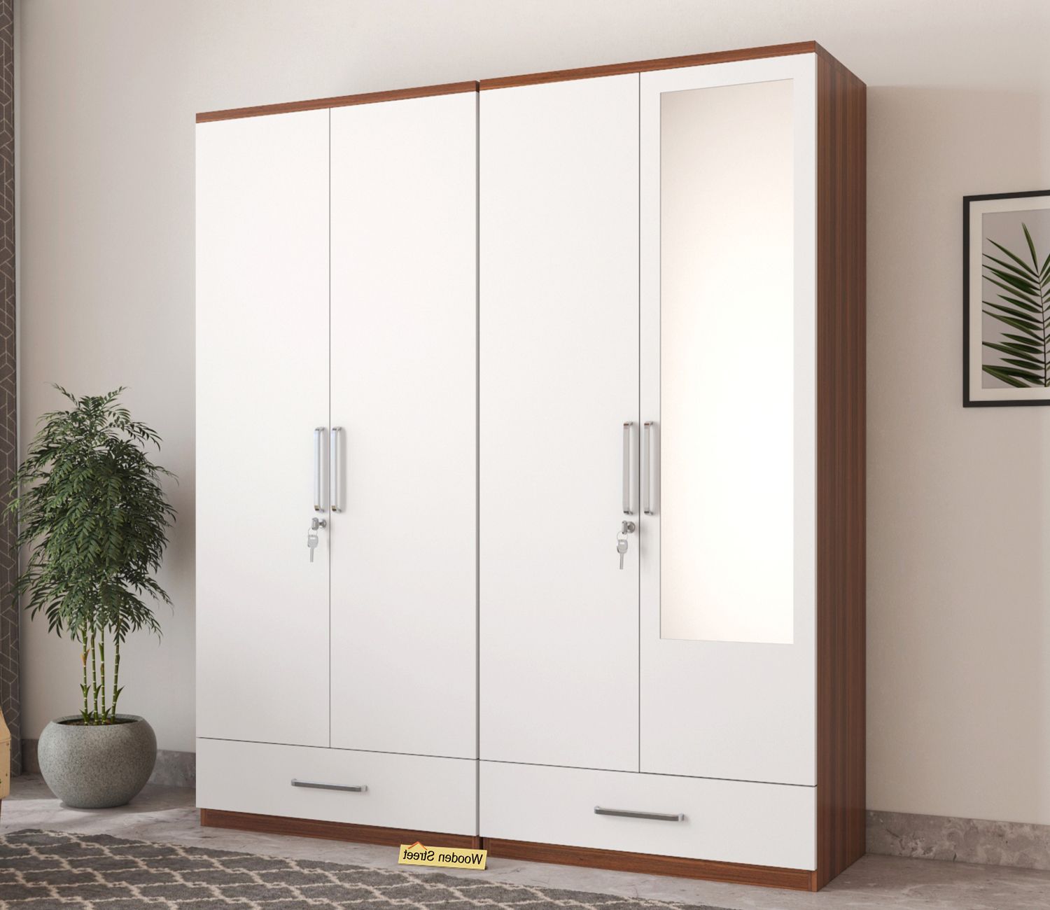 Buy Valor 4 Door Wardrobe With Mirror And Frosty White Drawer (exotic Teak  Finish) Online In India At Best Price – Modern Wardrobes – Bedroom Cabinets  – Storage Furniture – Furniture – Wooden Street Product Pertaining To Wardrobes With Mirror And Drawers (Gallery 13 of 20)