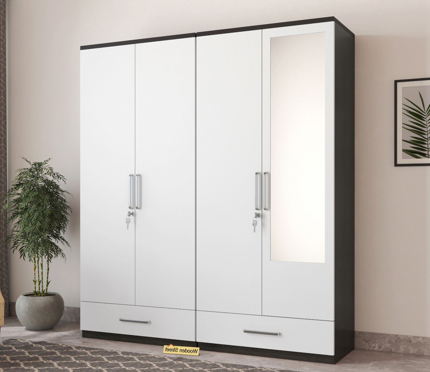 Buy Valor 4 Door Wardrobe With Mirror And Frosty White Drawer (flowery  Wenge Finish) Online In India At Best Price – Modern Wardrobes – Bedroom  Cabinets – Storage Furniture – Furniture – Wooden Street Product Within White Cheap Wardrobes (View 17 of 20)