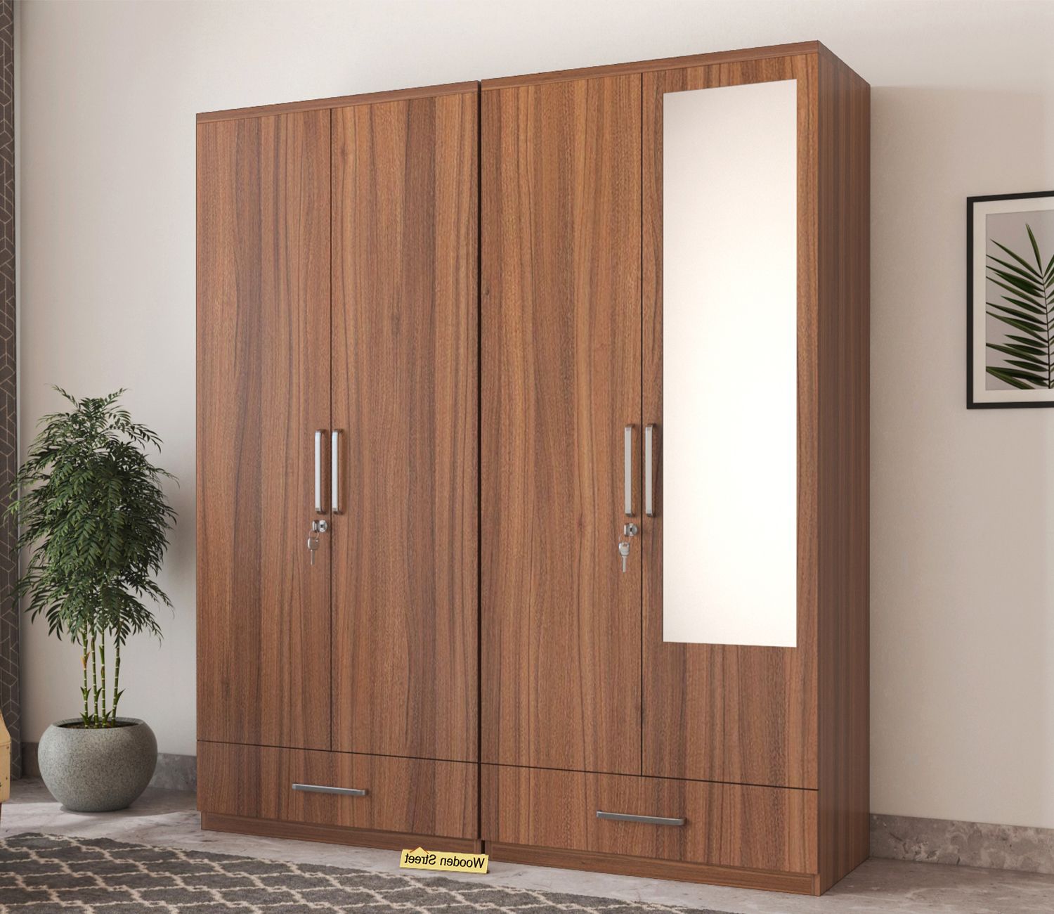 Buy Valor 4 Door Wardrobe With Mirror (exotic Teak Finish) Online In India  At Best Price – Modern Wardrobes – Bedroom Cabinets – Storage Furniture –  Furniture – Wooden Street Product With Regard To Wardrobes With 4 Doors (Gallery 3 of 20)