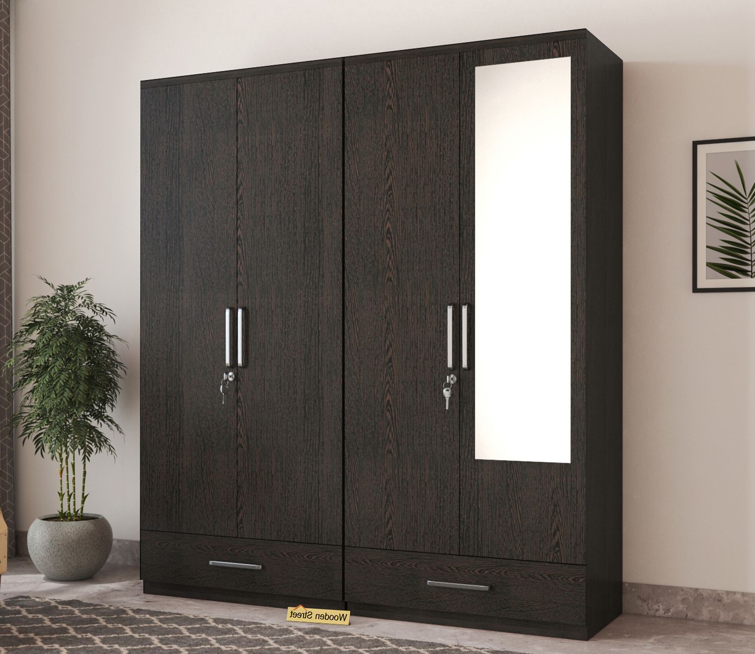 Buy Valor 4 Door Wardrobe With Mirror (flowery Wenge Finish) Online In  India At Best Price – Modern Wardrobes – Bedroom Cabinets – Storage  Furniture – Furniture – Wooden Street Product Intended For Wardrobes With 4 Doors (Gallery 14 of 20)