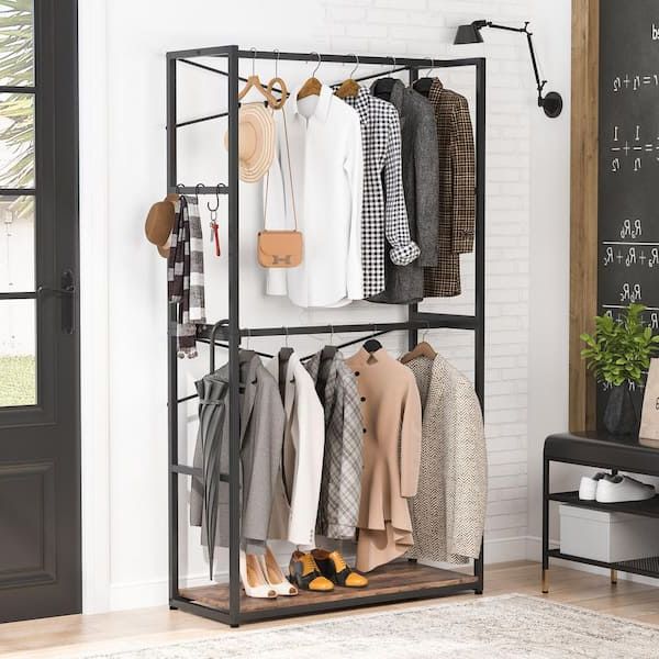 Byblight 78 In. Brown Free Standing Industrial Clothes Rack Freestanding  Closet Organizer Storage With Double Rods Bb U028gx1 – The Home Depot Pertaining To Built In Garment Rack Wardrobes (Gallery 20 of 20)