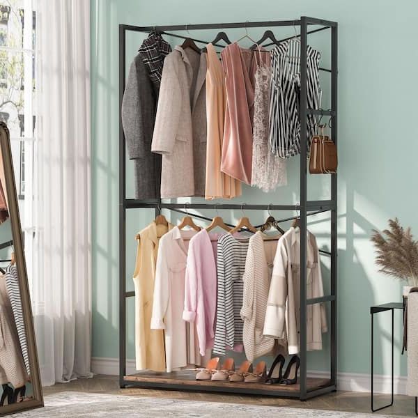 Byblight 78 In. Brown Free Standing Industrial Clothes Rack Freestanding  Closet Organizer Storage With Double Rods Bb U028gx1 – The Home Depot Regarding Standing Closet Clothes Storage Wardrobes (Gallery 13 of 20)