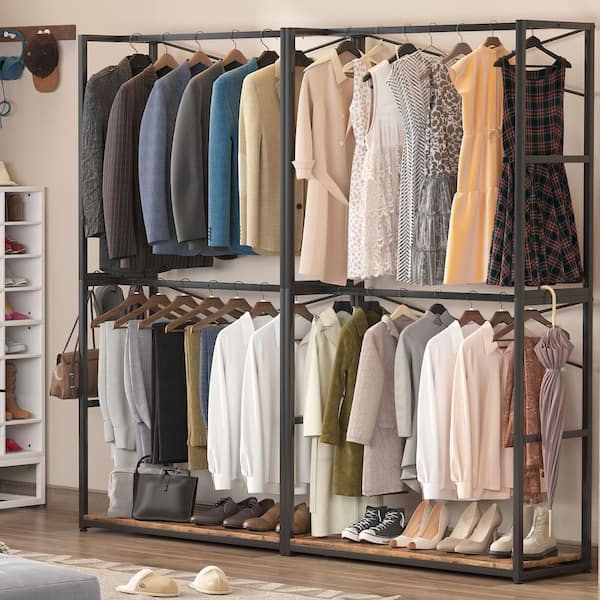 Byblight Brown Free Standing Closet Organizer Garment Rack With Double  Hanging Rod Bb U0028gx – The Home Depot Inside Tall Double Hanging Rail Wardrobes (View 11 of 20)