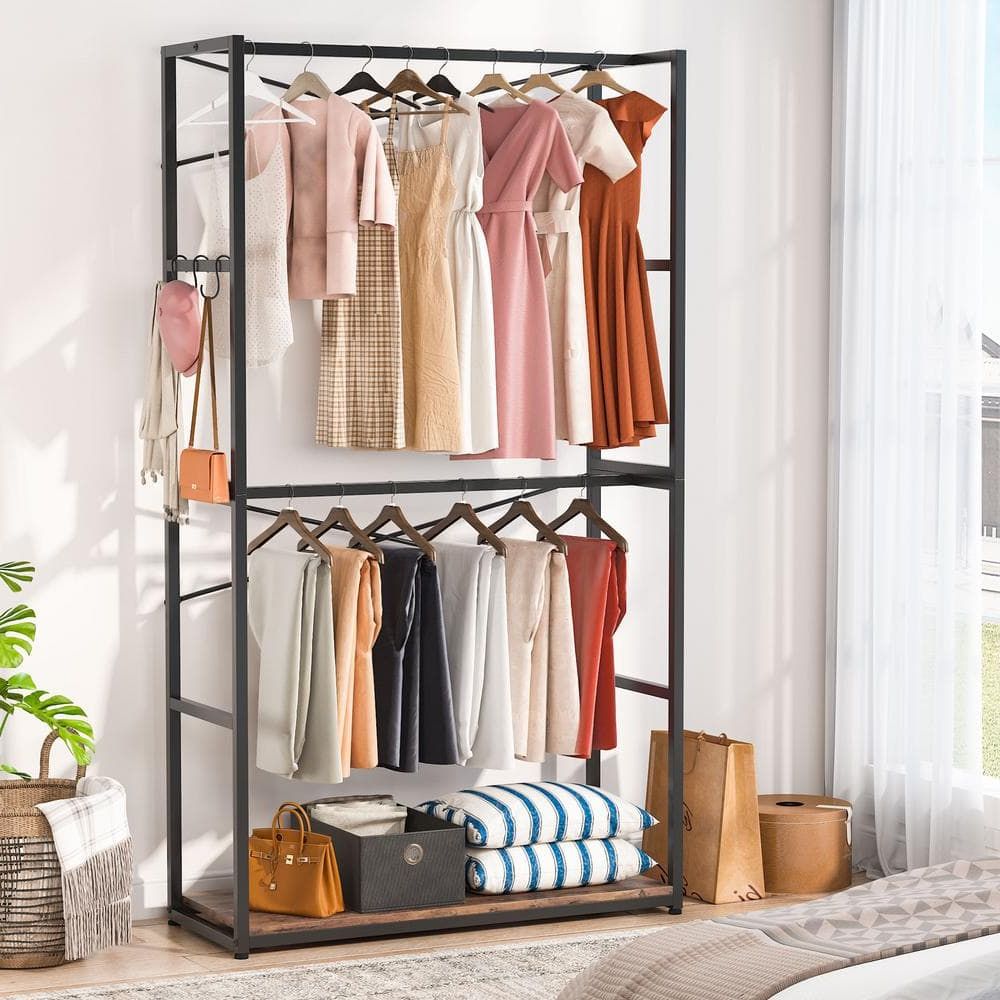 Byblight Brown Free Standing Closet Organizer Garment Rack With Double  Hanging Rod Bb U0028gx – The Home Depot Intended For Double Clothes Rail Wardrobes (Gallery 9 of 20)