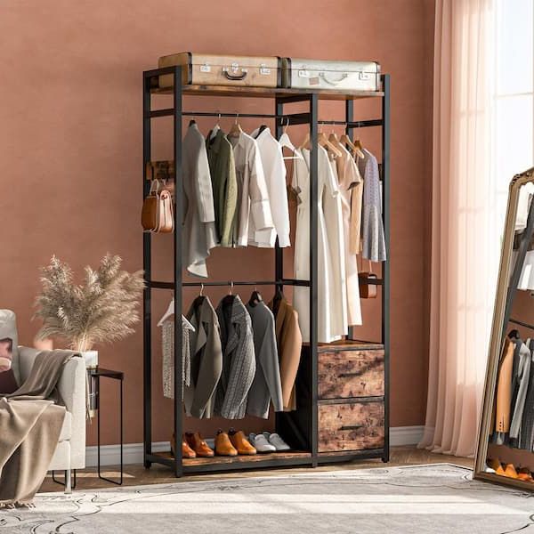 Byblight Carmalita Brown Garment Rack With 2 Fabric Drawers, Freestanding  Closet Organizer With Shelves And 3 Hanging Rods Bb C0621gx – The Home Depot Throughout Built In Garment Rack Wardrobes (Gallery 8 of 20)