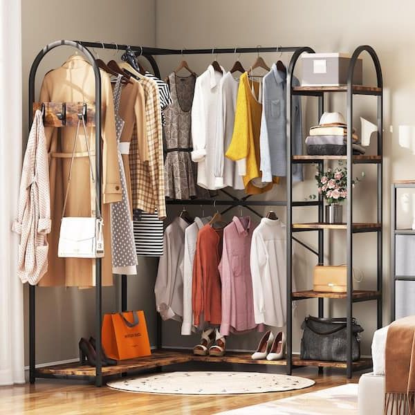 Byblight Carmalita Rustic Brown And Black L Shaped Corner Garment Rack  Closet Organizer With Storage Shelves And Coat Rack Bb Jw0199xl – The Home  Depot For Standing Closet Clothes Storage Wardrobes (Gallery 5 of 20)