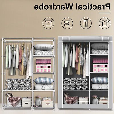 Canvas Wardrobe Clothes Closet Double Storage With Hanging Rail &  Shelves Grey | Ebay For Double Rail Canvas Wardrobes (Gallery 12 of 20)