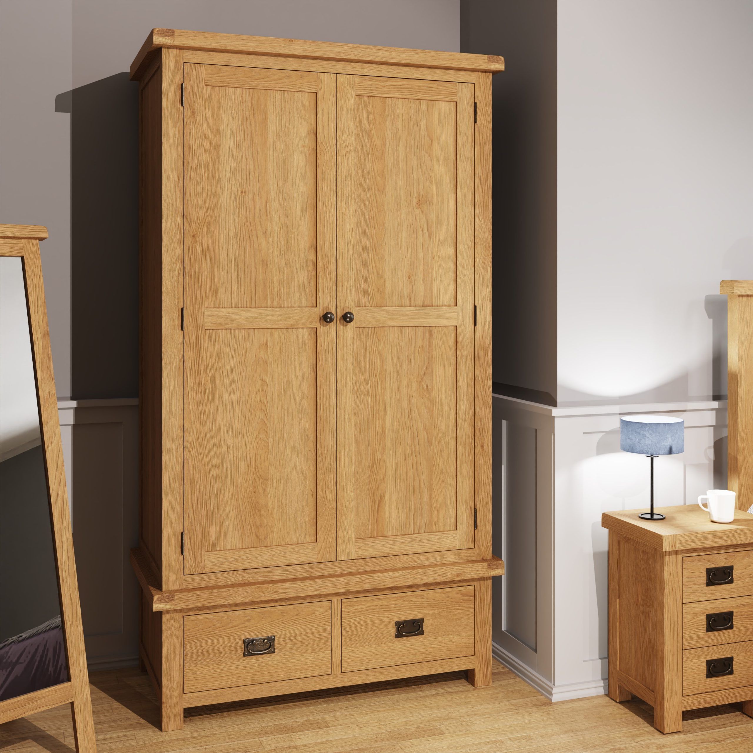 Carthorpe Oak 2 Door 2 Drawer Wardrobe – Only Oak Furniture In Oak Wardrobes (View 3 of 20)
