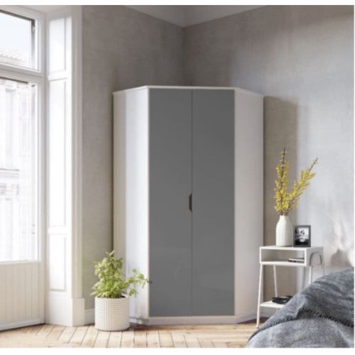Cellini Grey Gloss Corner Wardrobe With Shelves And Rails – 2944) Cellini Corner  Wardrobe  Furniture Factor On Onbuy Pertaining To White Gloss Corner Wardrobes (Gallery 8 of 20)