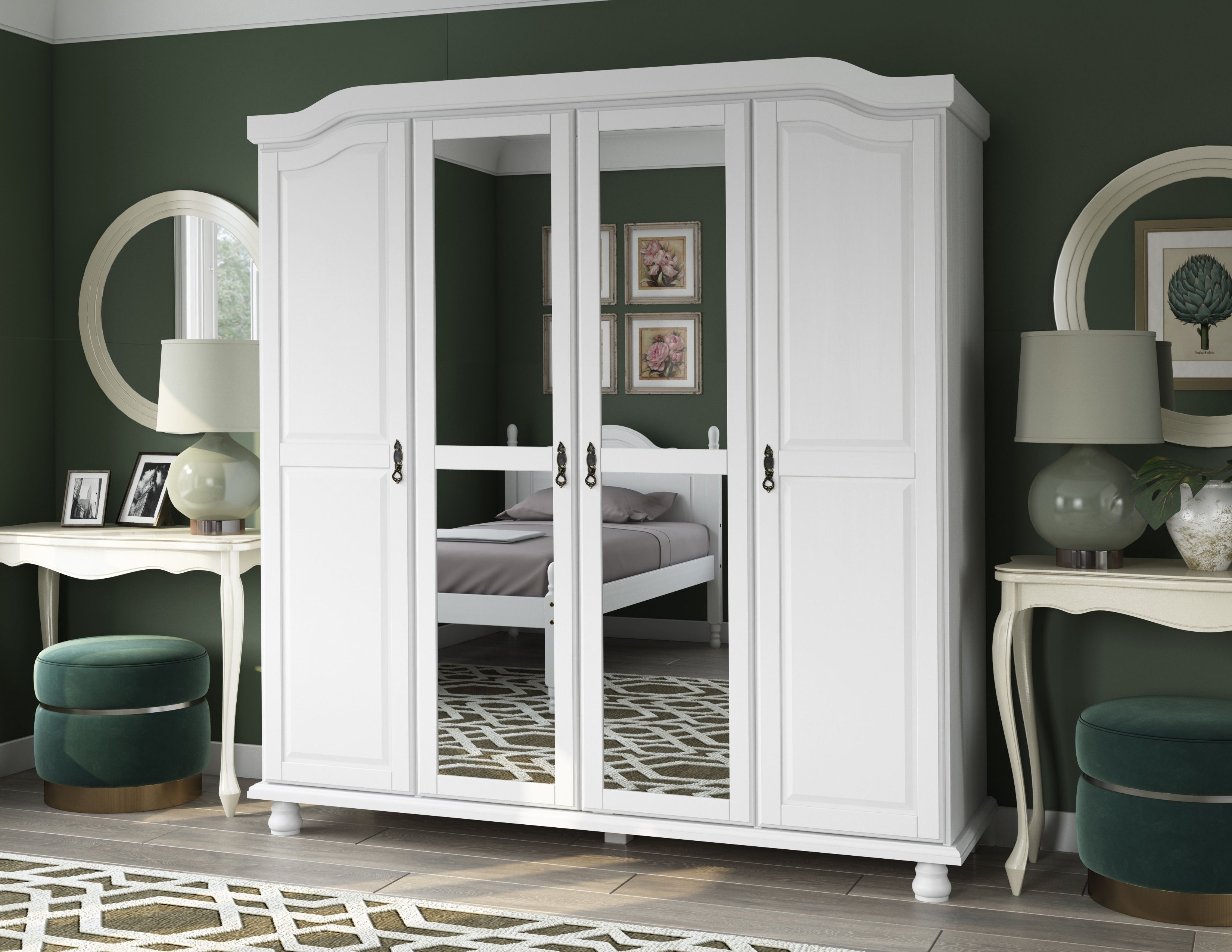 Charlton Home® Kyle 100% Solid Wood 4 Door Wardrobe Armoire With Mirrored  Doors & Reviews | Wayfair Pertaining To White Wardrobes Armoire (View 17 of 20)