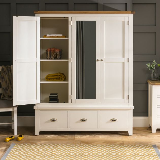 Cheshire Cream Painted Triple 3 Door Mirrored Wardrobe With 3 Drawers | The  Furniture Market For Cream Triple Wardrobes (Gallery 9 of 20)