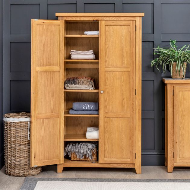 Cheshire Oak Double Shaker Linen Storage Cupboard | The Furniture Market Regarding Oak Wardrobes With Drawers And Shelves (View 11 of 20)
