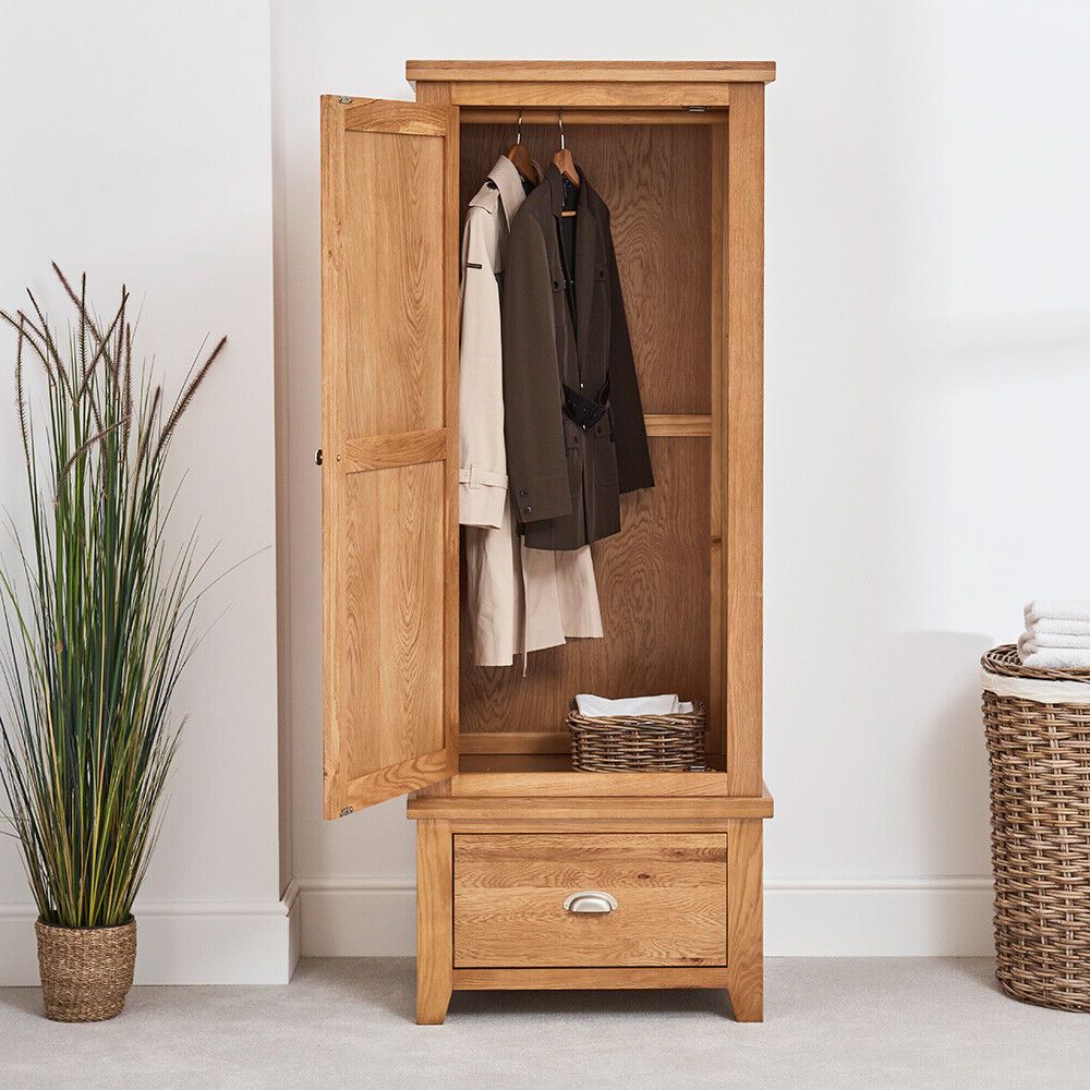 Cheshire Oak Single 1 Door Wardrobe With Drawer – Slim Narrow Hanging Robe  Ad21 | Ebay Inside Single Oak Wardrobes With Drawers (View 9 of 20)