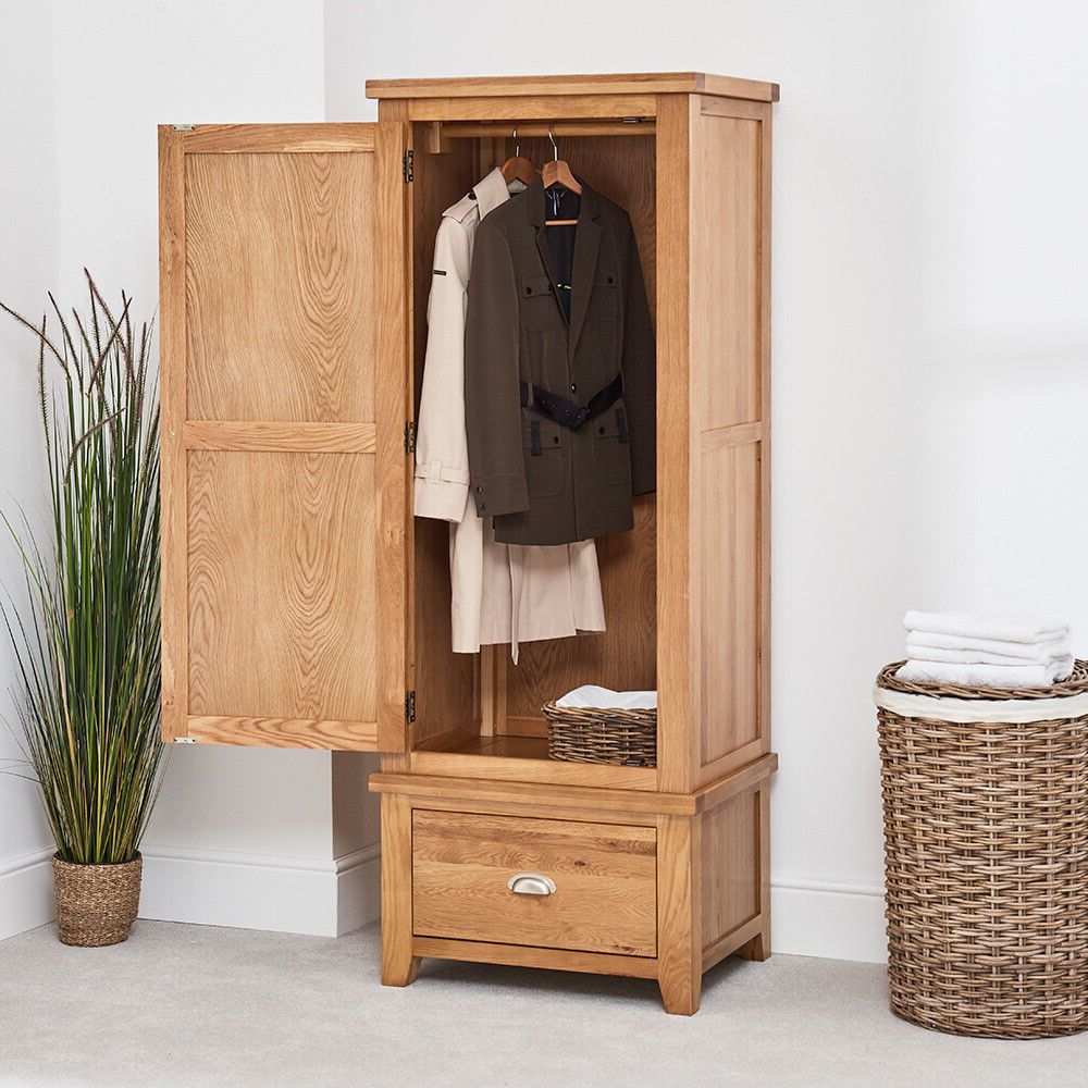 Cheshire Oak Single 1 Door Wardrobe With Drawer – Slim Narrow Hanging Robe  Ad21 | Ebay Intended For Single Wardrobes With Drawers And Shelves (View 9 of 20)