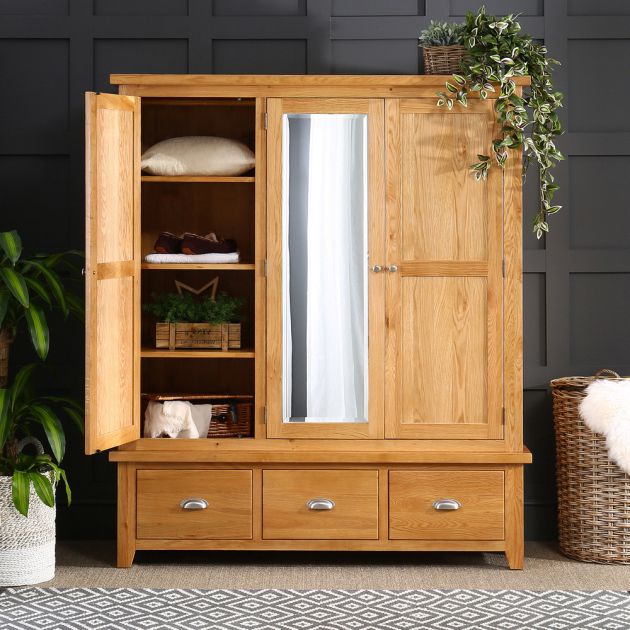 Cheshire Oak Triple 3 Door Mirrored Wardrobe With 3 Drawers | The Furniture  Market In Oak Mirrored Wardrobes (View 14 of 20)