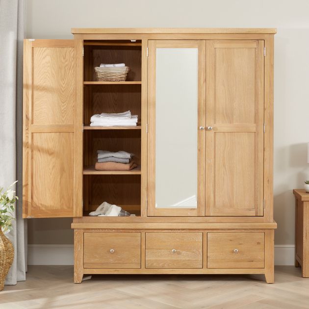 Cheshire Weathered Limed Oak Triple 3 Door Mirrored Wardrobe With 3 Drawers  | The Furniture Market Pertaining To Three Door Mirrored Wardrobes (View 18 of 20)
