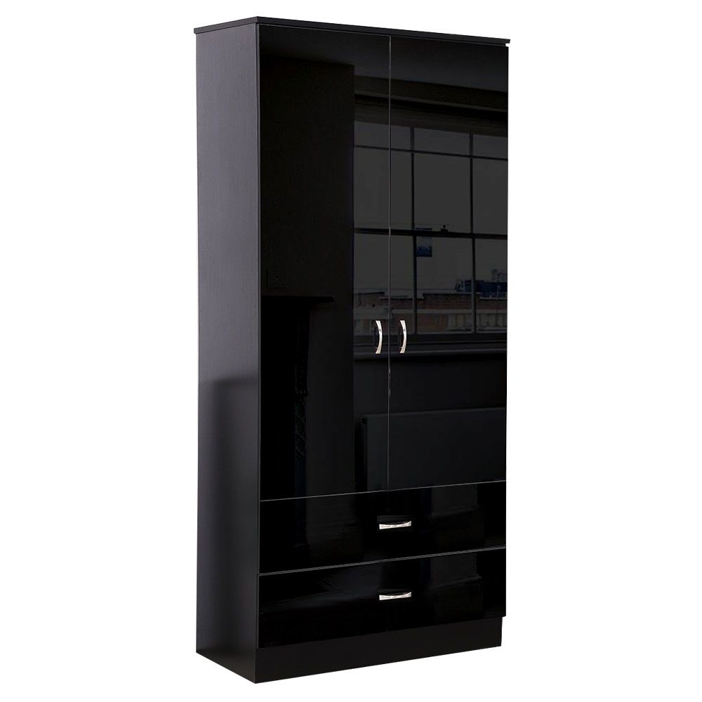 Chilton 2 Door Combination Black Gloss Wardrobe With 2 Drawers – Daily Deal  Offers Regarding Black Gloss Wardrobes (View 4 of 20)