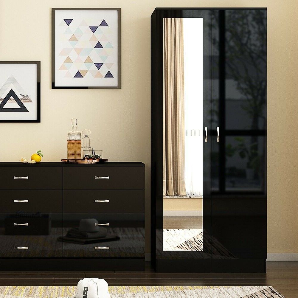 Chilton 2 Door Mirrored Wardrobe – Black Gloss – Furnished With Style Pertaining To Black Wardrobes With Mirror (Gallery 9 of 20)