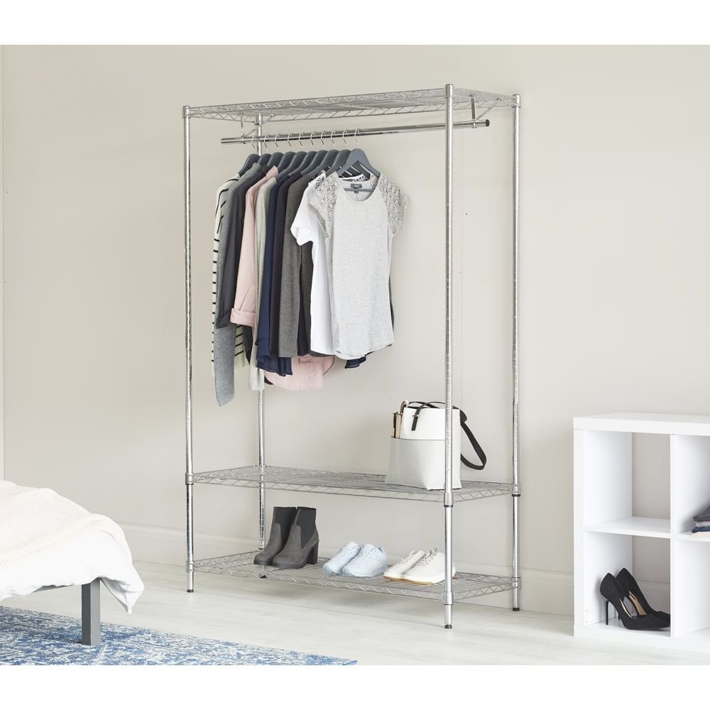 Chrome Clothes Rack With Wheels – 900mm Wide, 3 Shelves & 1 Hanging Rail Inside Chrome Garment Wardrobes (View 5 of 20)