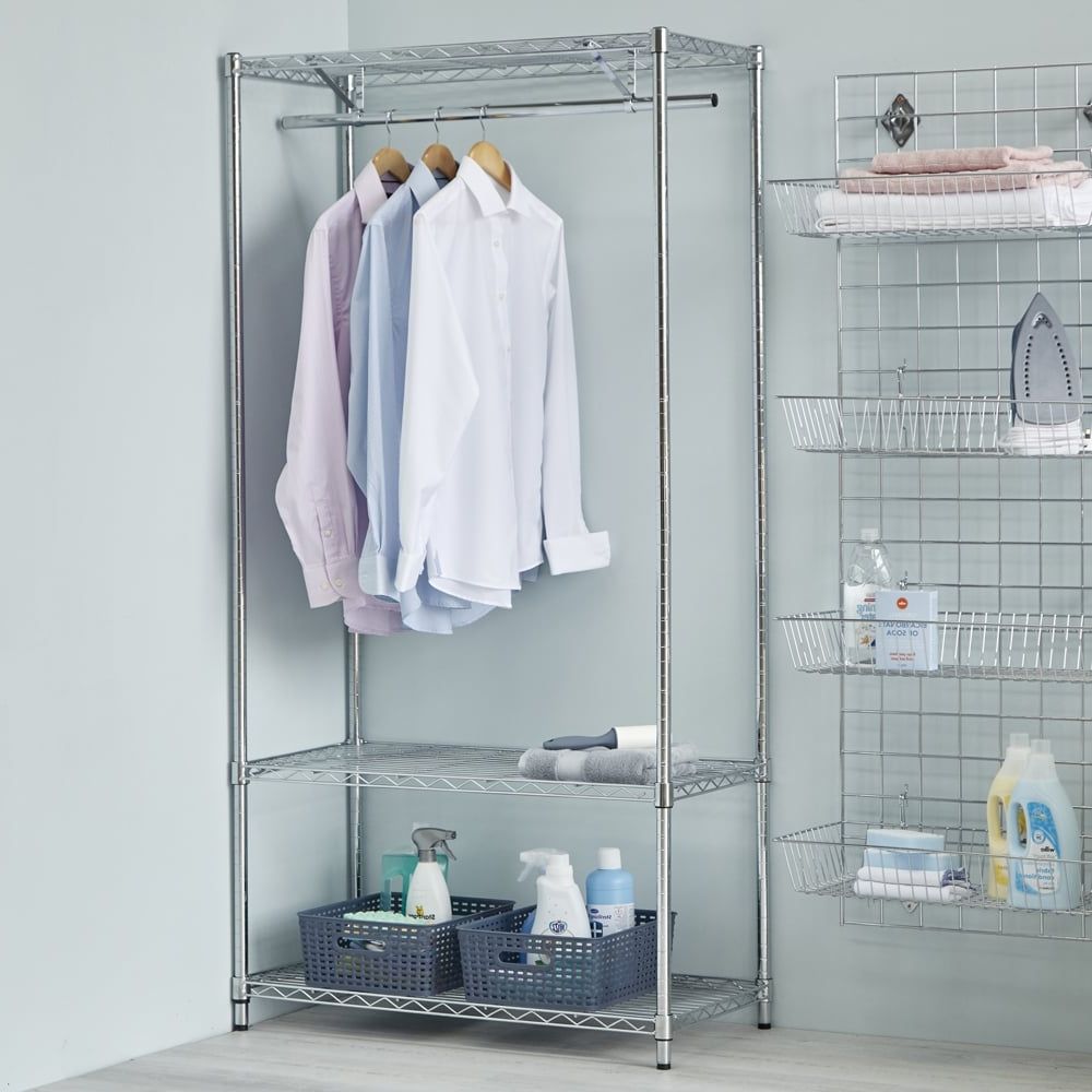 Chrome Clothes Rack With Wheels – 900mm Wide, 3 Shelves & 1 Hanging Rail Inside Chrome Garment Wardrobes (View 3 of 20)