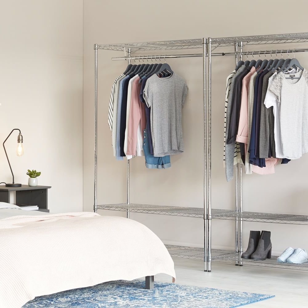 Chrome Clothes Rack With Wheels – 900mm Wide, 3 Shelves & 1 Hanging Rail Intended For Chrome Garment Wardrobes (Gallery 2 of 20)