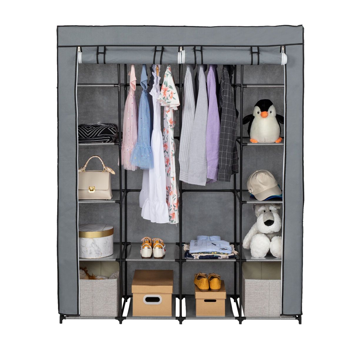 Closet Organizer Storage Wardrobe Closet With Non Woven Fabric 14 Shelves  Gray | Ebay With 6 Shelf Non Woven Wardrobes (View 10 of 20)