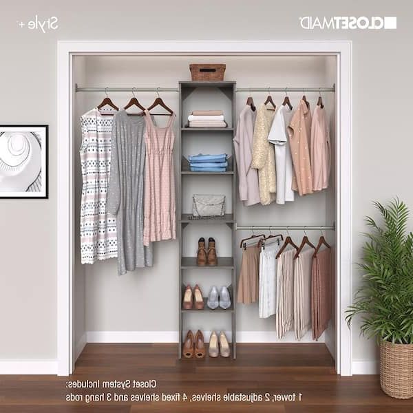 Closetmaid Style + 14 In. D X 17 In. W X 82.25 In. H Coastal Teak Wood  Floor Mount 6 Shelf Closet Kit With Hang Rods 3269 – The Home Depot Within 6 Shelf Wardrobes (Gallery 1 of 20)