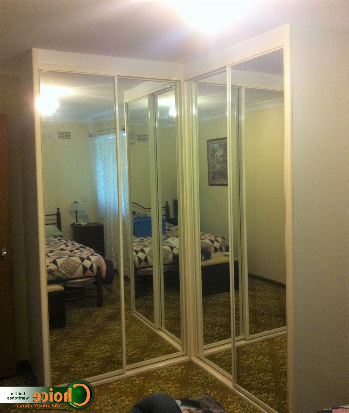 Corner Sliding Mirrored Wardrobe With Cream Frames And Two End Panels |  Built In Wardrobes For Western Sydney  Choice Wardrobes For Corner Mirror Wardrobes (View 8 of 20)