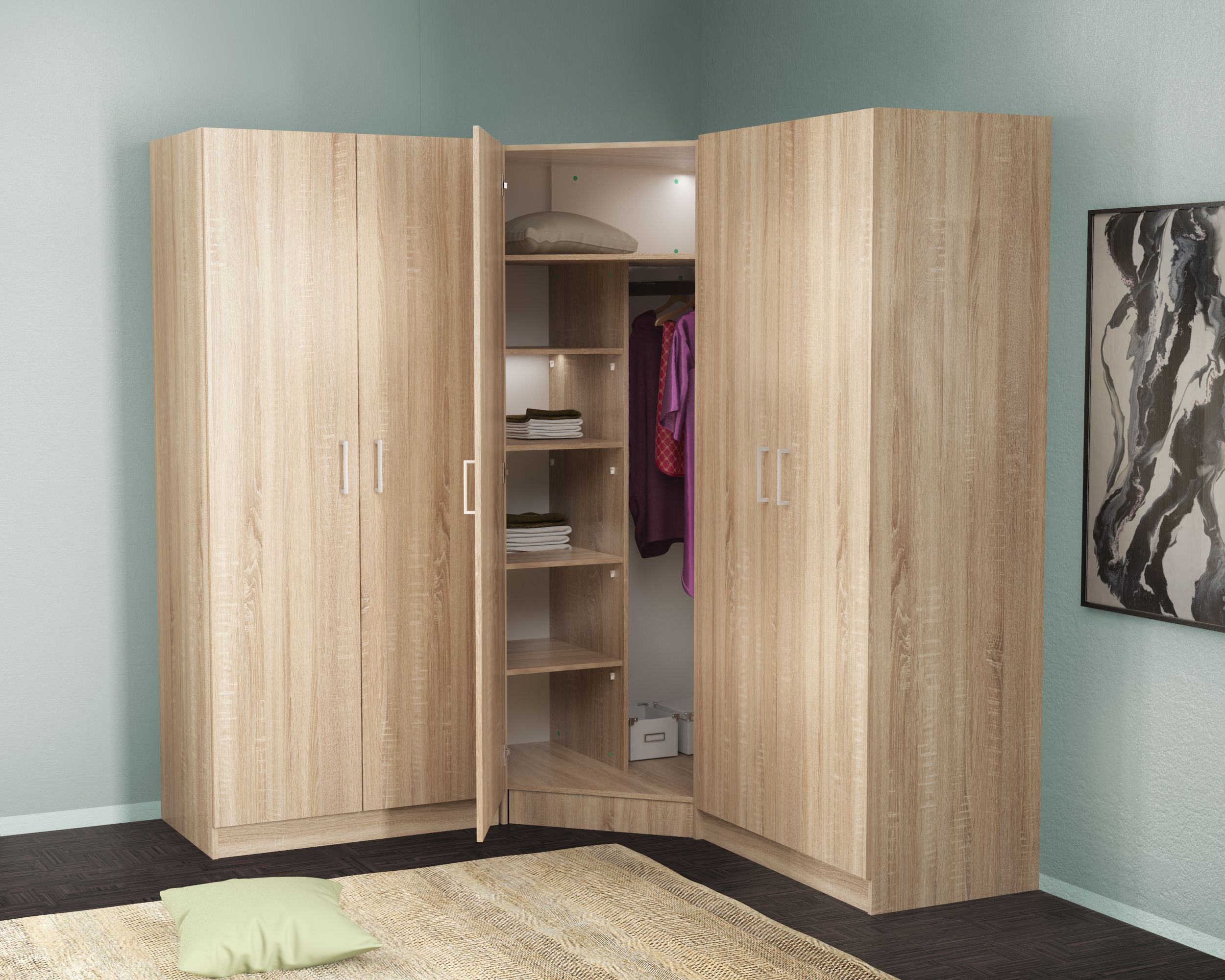 Corner Wardrobe 5 Door Natural Oak Color – Idea Workmate For Black Corner Wardrobes (Gallery 12 of 20)