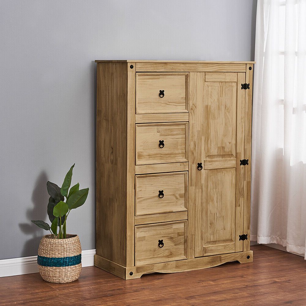 Corona Wardrobe Tallboy Mexican Solid Waxed Pine 1 Door 4 Chest Of Drawers  | Ebay Pertaining To Small Tallboy Wardrobes (Gallery 1 of 20)