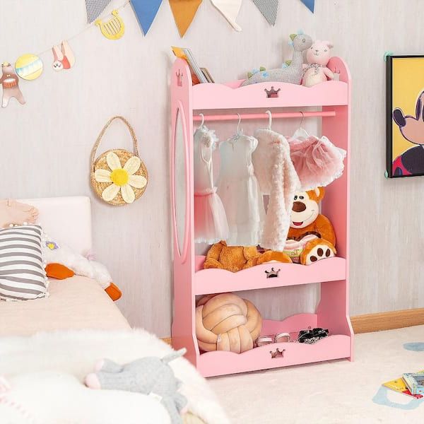 Costway Kids Dress Up Storage Hanging Armoire Dresser Pretend Costume Closet  With Mirror Tp10023pi – The Home Depot Inside Kids Dress Up Wardrobes Closet (View 2 of 20)