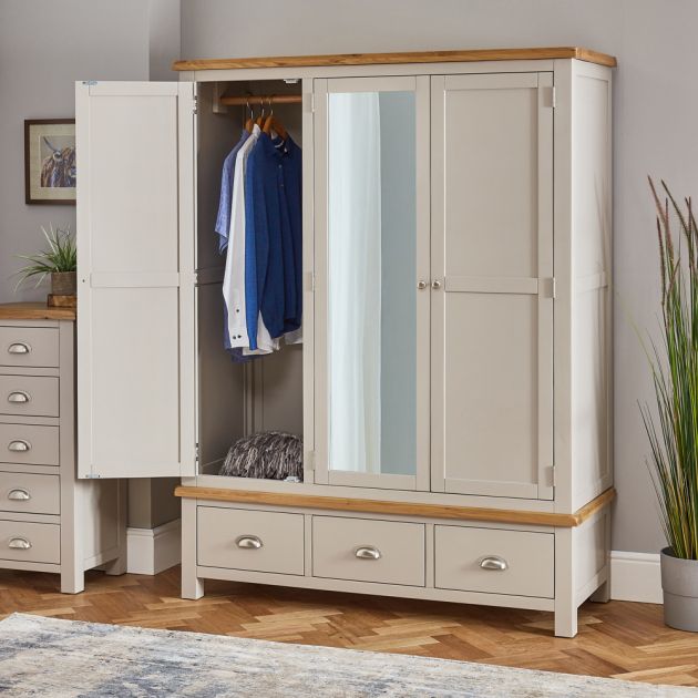 Cotswold Grey Painted Triple 3 Door Wardrobe With Mirror | The Furniture  Market Throughout Three Door Mirrored Wardrobes (View 16 of 20)