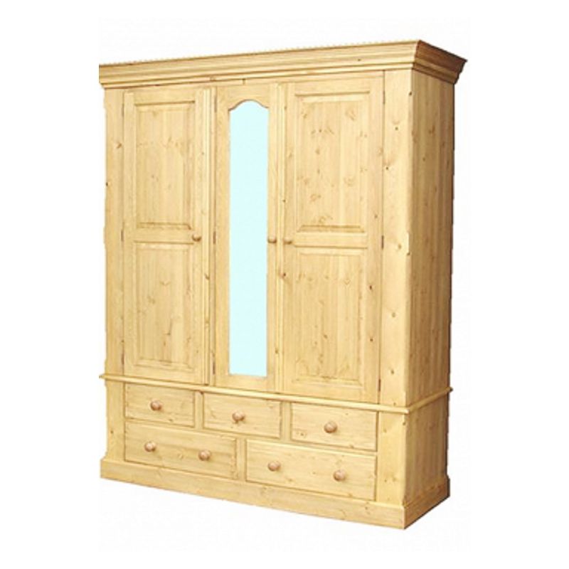 Cottage Pine Triple Wardrobe On 5 Drawers, Mirror Centre | Pine And Oak Within Triple Mirrored Wardrobes (View 18 of 20)
