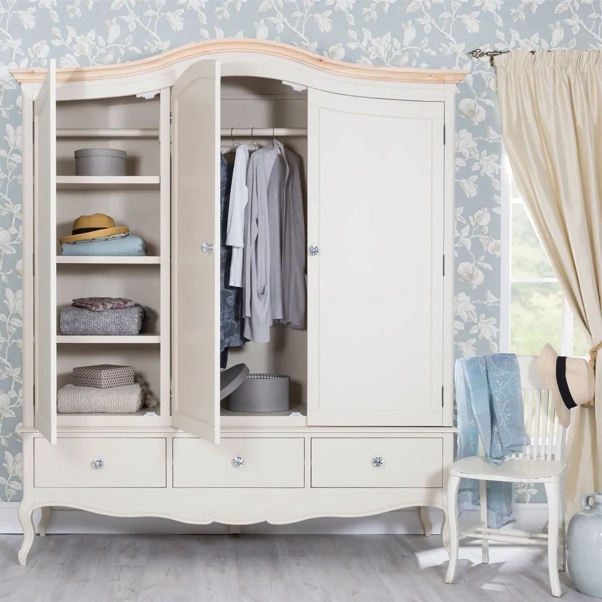 Cream Triple Wardrobe 3 Door Shelves Rails & Drawers French Bedroom  Furniture | Ebay Pertaining To Cream Triple Wardrobes (View 15 of 20)