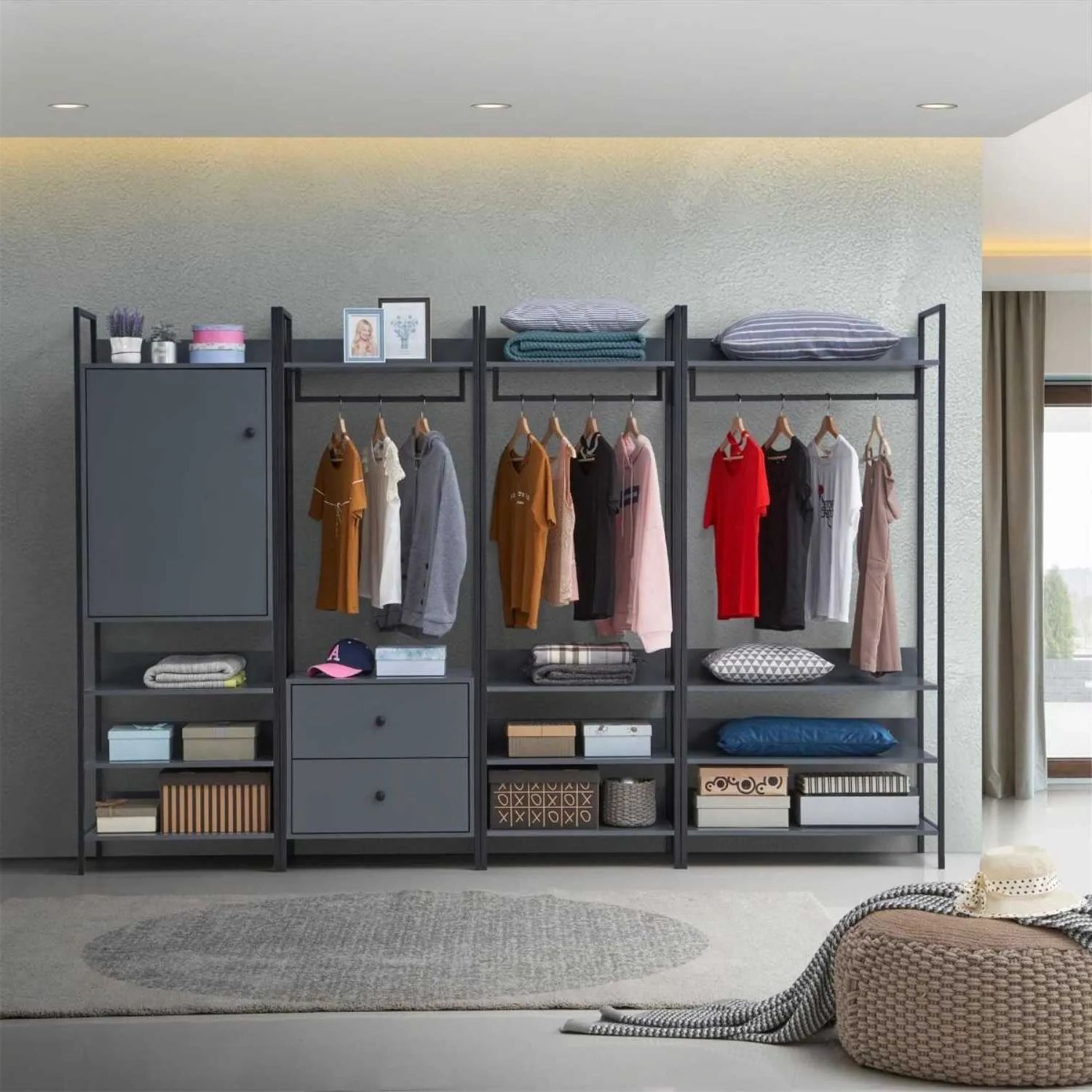 Dark Grey Modern 4 Piece Bedroom Furniture Set Open Wardrobes – Ellis Home  Interiors Throughout Cheap Wardrobes Sets (Gallery 20 of 20)