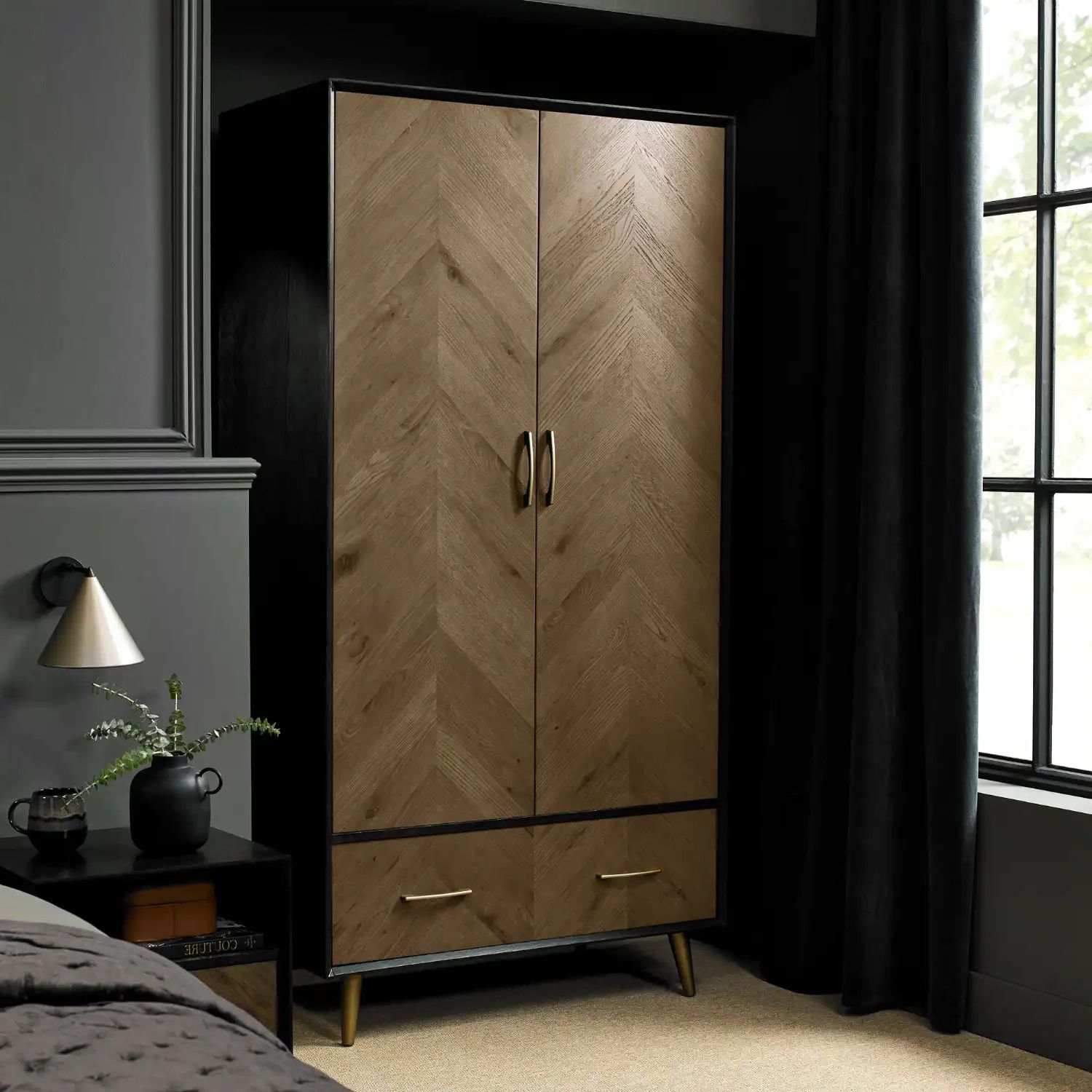Dark Oak And Black Double 2 Door 1 Drawer Wardrobe – Ellis Home Interiors With Dark Wood Wardrobes With Drawers (View 4 of 20)