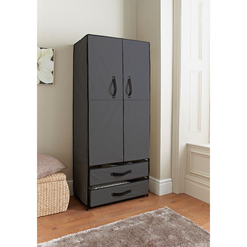 Deluxe Double Canvas Clothes Shoes Wardrobe Storage With Opening Door –  Charcoal | Ebay Inside Double Canvas Wardrobes (View 3 of 20)