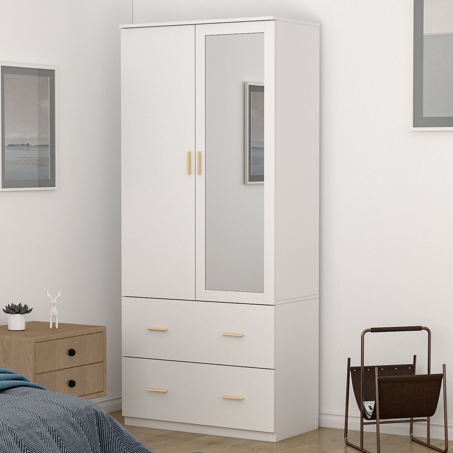 Didugo Armoire Wardrobe Closet With Mirror Doors And Hanging Rod For  Bedroom White – Walmart For Single White Wardrobes With Mirror (View 15 of 20)