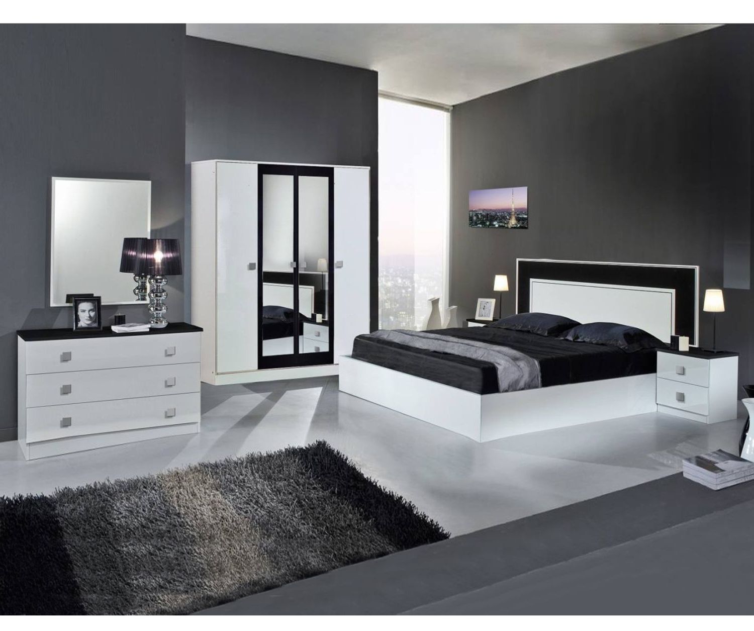 Dima Mobili Amal White And Black Bedroom Set With 4 Door Wardrobe Pertaining To Black And White Wardrobes Set (Gallery 6 of 20)