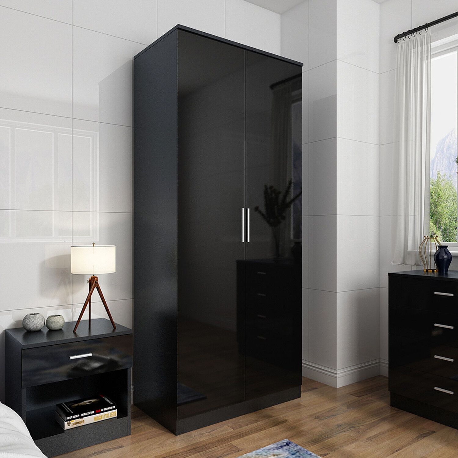 Doube Wardrobe Storage Shelf High Gloss Black Hanging Rail Furniture  Cupboard | Ebay Intended For Black Shiny Wardrobes (View 4 of 20)