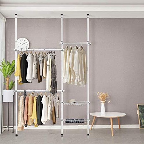 Double 2 Tier Adjustable Closet System, Floor To Ceiling Clothes Hanger  With 2 Storage Baskets & Inner Spring, Clothing Garment Rack Telescopic  Closet Organizer For Living Room, Bedroom – Walmart Intended For 2 Tier Adjustable Wardrobes (Gallery 1 of 20)