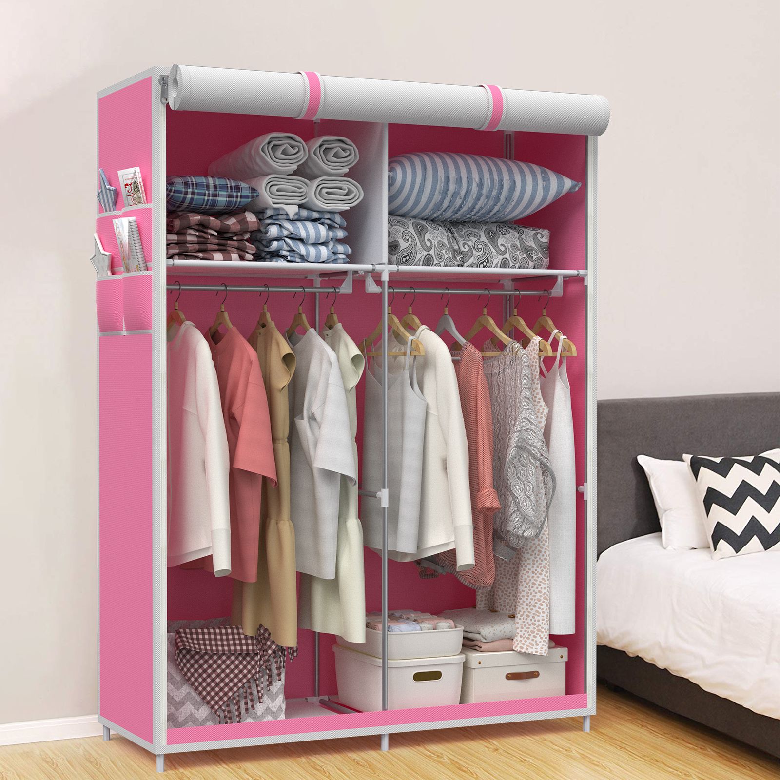 Double Fabric Canvas Wardrobe With Clothes Hanging Rail Storage Shelves  Cupboard | Ebay Pertaining To Double Rail Canvas Wardrobes (View 17 of 20)